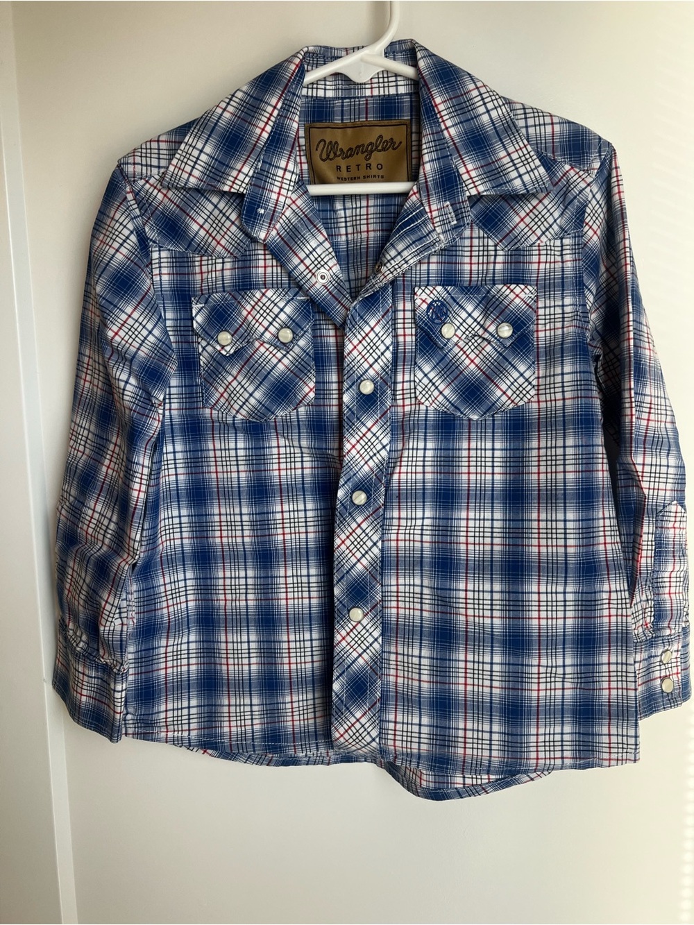 Kids Wrangler Retro Boys Red, White, & Blue Plaid Long Sleeve Pearl Snap Shirt